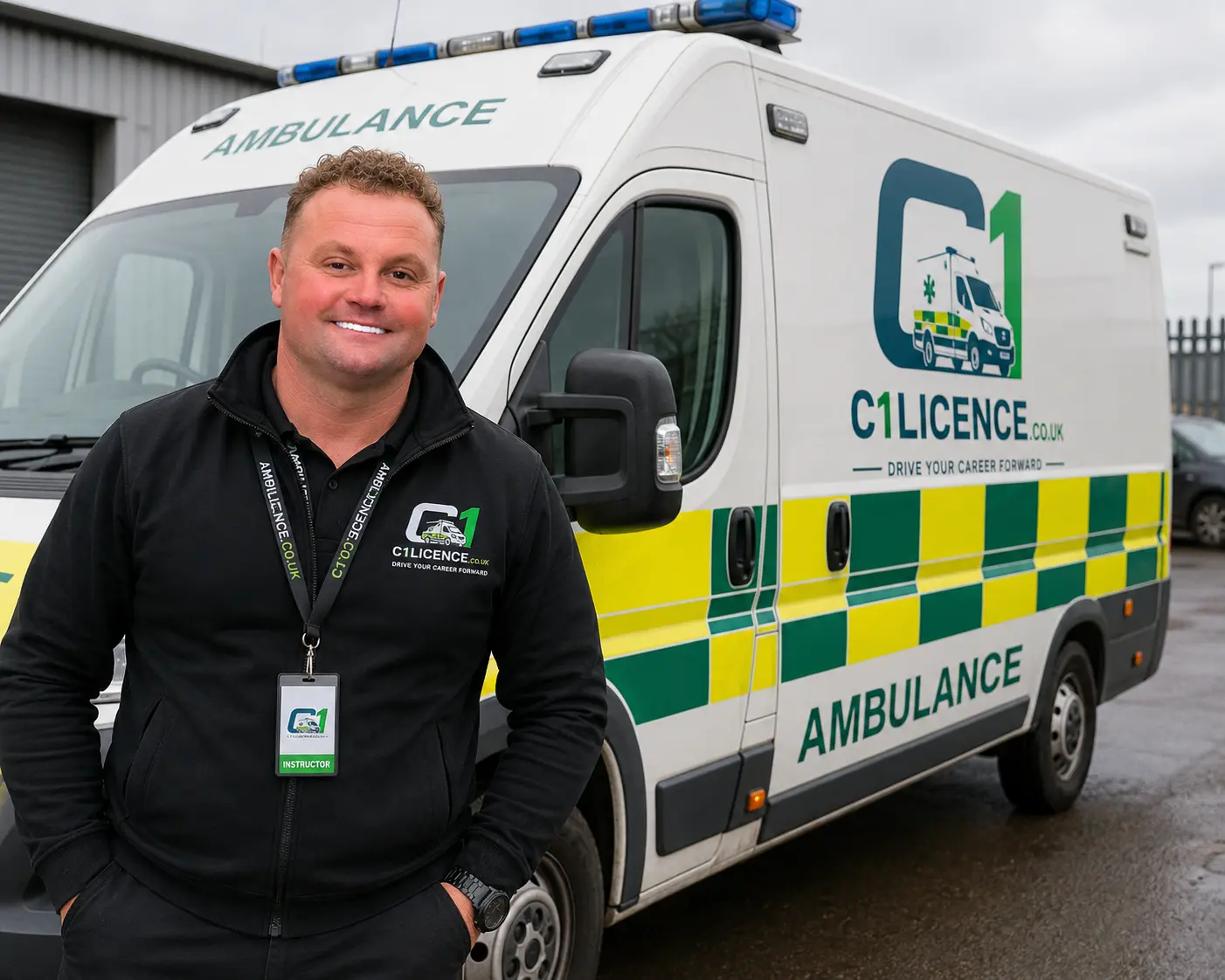 C1 licence instructor standing beside a branded ambulance training vehicle