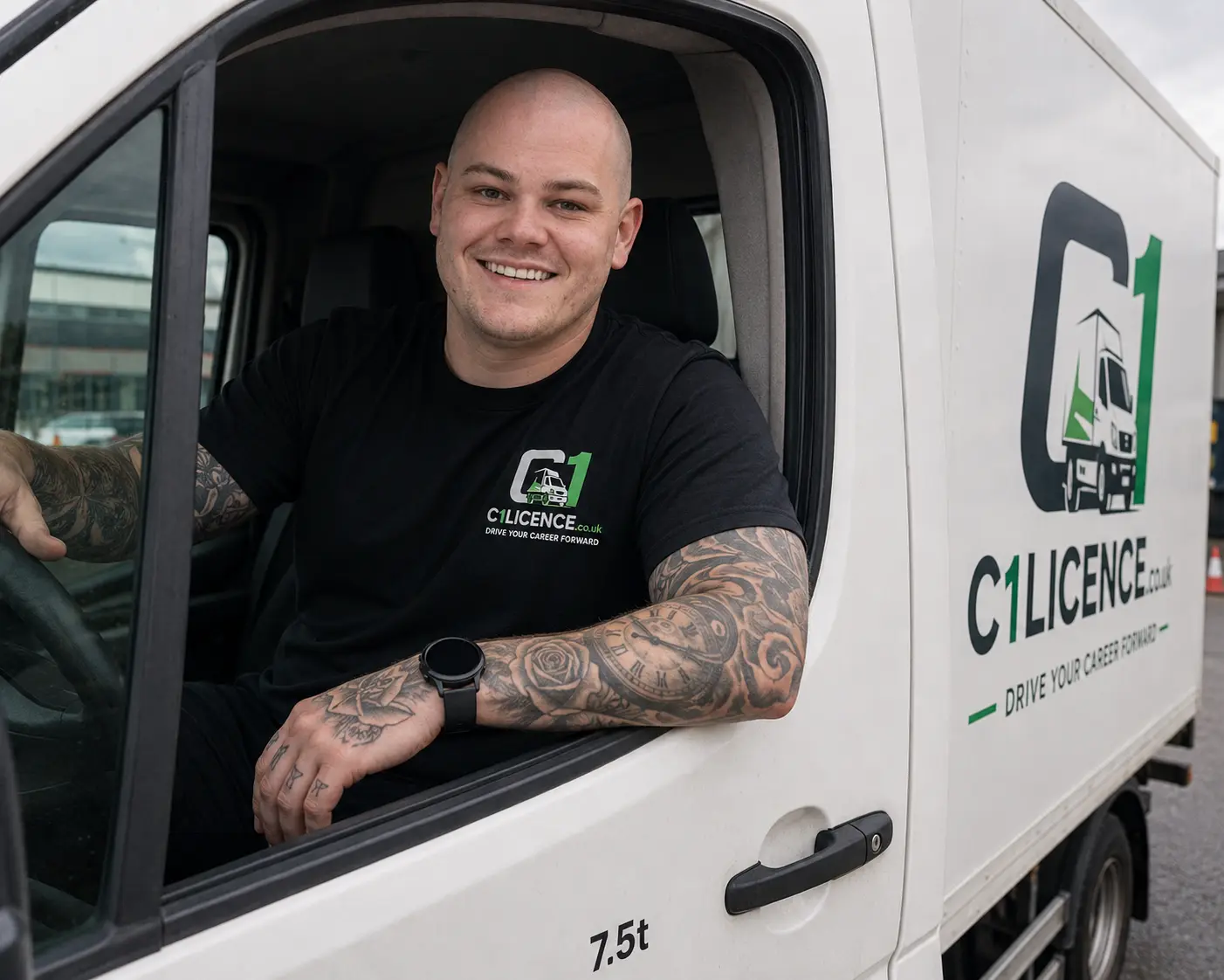 C1 licence training instructor in a branded C1 training vehicle
